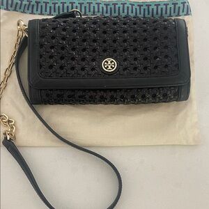 Tory Burch Black and Gold Woven Crossbody Bag